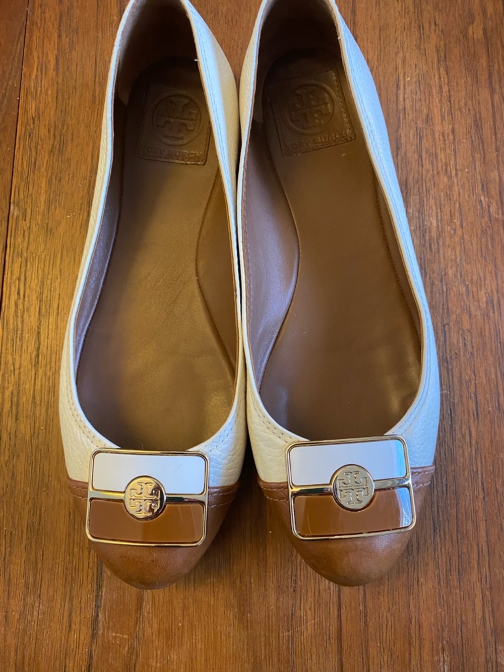 Tory Burch Cream and Brown Logo Buckle Leather Flats